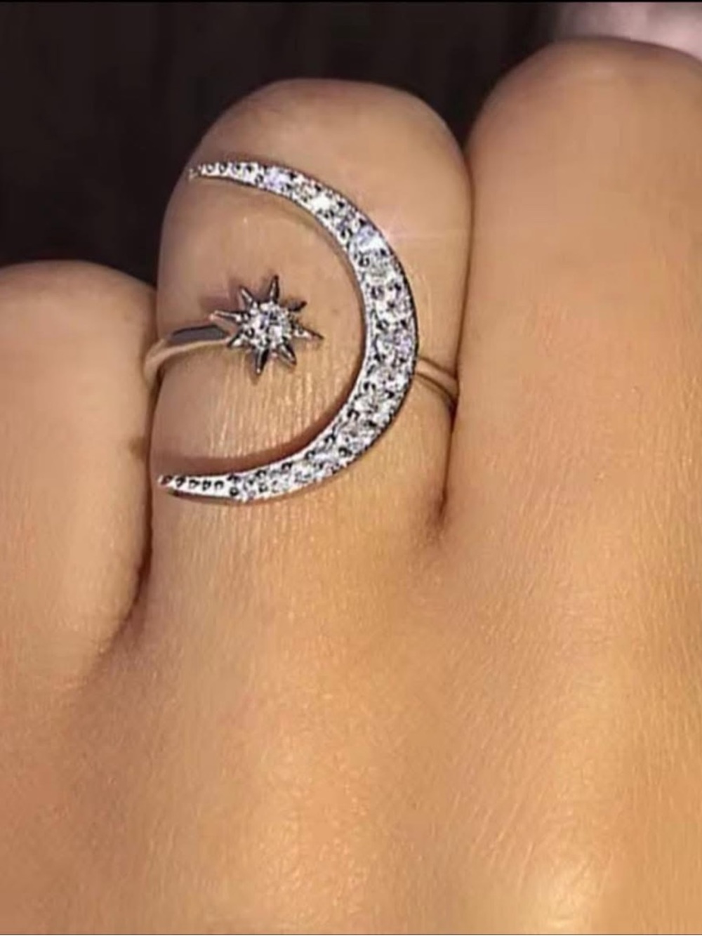 Silver Moon & Star CZ Adjustable Ring - Silver